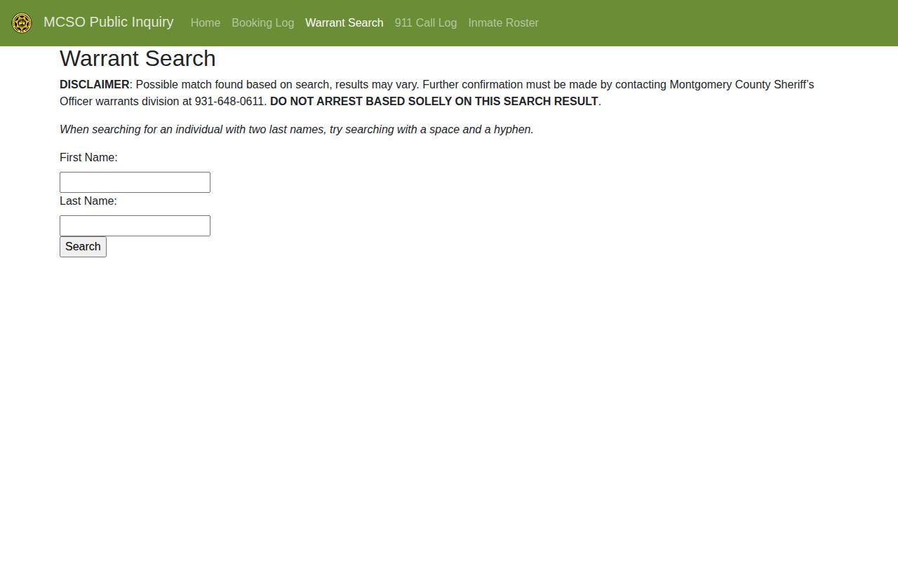 Montgomery County warrant search interface for possible warrant records